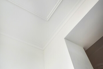 Detail of corner ceiling cornice with intricate crown molding.