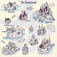 Map builder settlement illustrations from H. P. Lovecraft fiction realm word The Dreamlands line art - obrazy, fototapety, plakaty