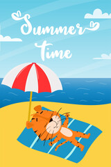 Obraz na płótnie Canvas A cute cartoon tiger lies on the beach under a sunscreen against the background of the sea and blue sky. Vertical rectangular card with an adorable character. Summer time. Color vector illustration
