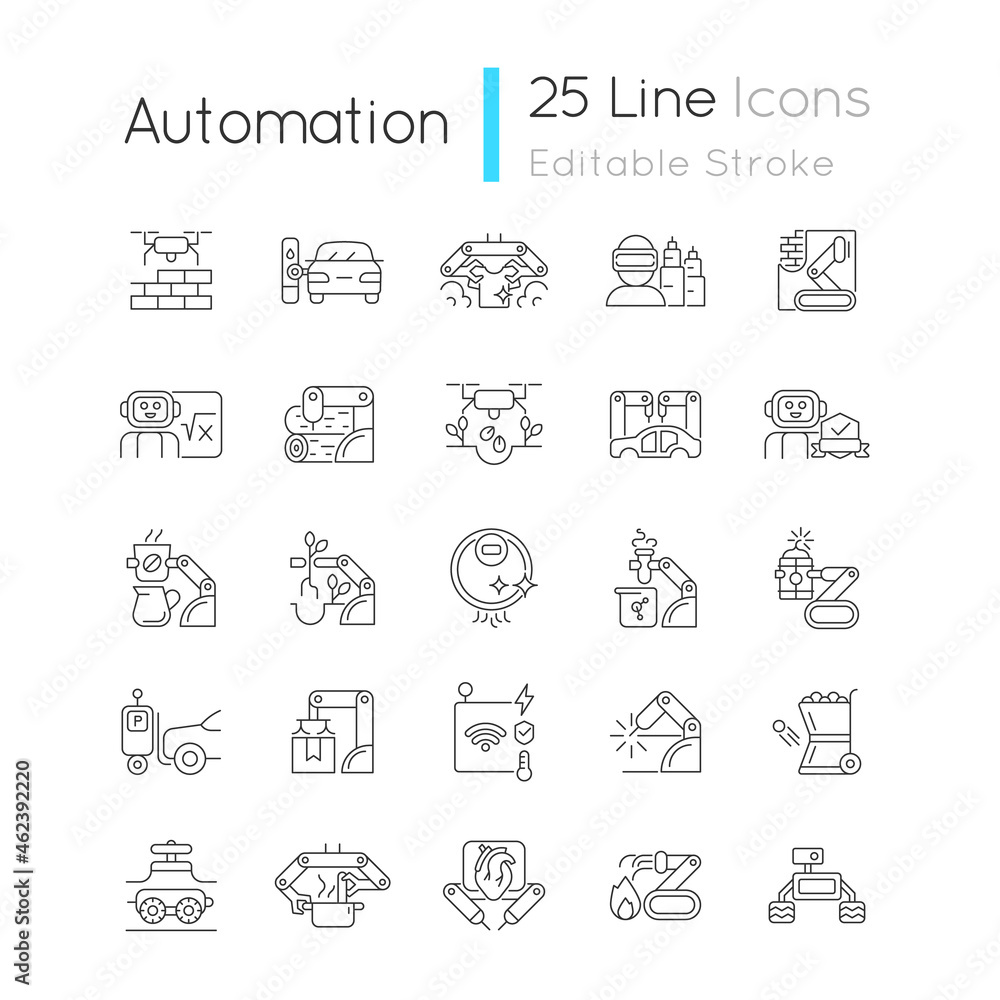 Poster automation linear icons set. advanced manufacturing. improve everyday life. using robotic hands. cus