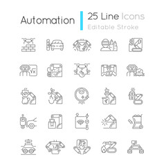 Fototapeta na wymiar Automation linear icons set. Advanced manufacturing. Improve everyday life. Using robotic hands. Customizable thin line contour symbols. Isolated vector outline illustrations. Editable stroke