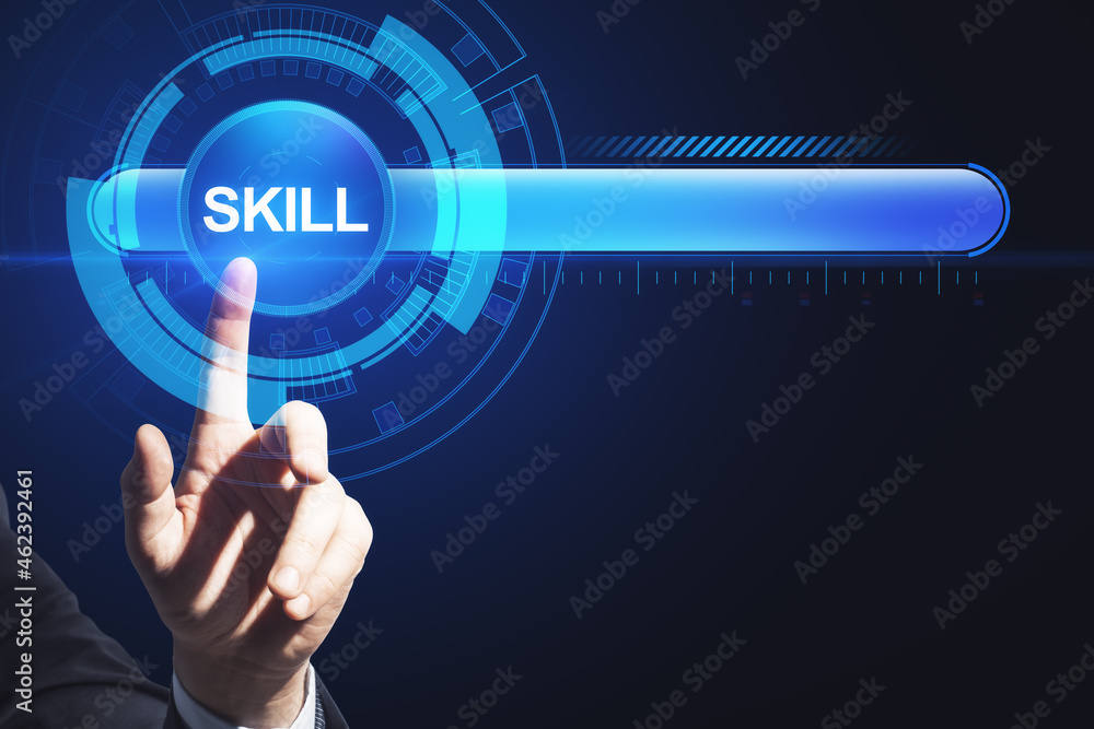 Poster Close up of man hand pointing at abstract glowing skill bar on blue background with mock up place. Training, education, technology and improvement concept.