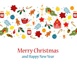 Cute Christmas elements in cartoon style gingerbread man, hot chocolate cup, candy, Christmas tree decorations. EPS10 vector file organized in layers for easy editing