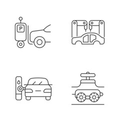 Fototapeta premium Automation in automobile industry linear icons set. Self-driving forklift. Assembling car body. Customizable thin line contour symbols. Isolated vector outline illustrations. Editable stroke
