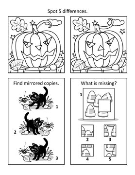 Halloween puzzle page with 3 visual puzzles or picture riddles. Find differences, mirrored copies, missing fragment. Pumpkin, black cats, candy corn. Black and white. Letter sized.
