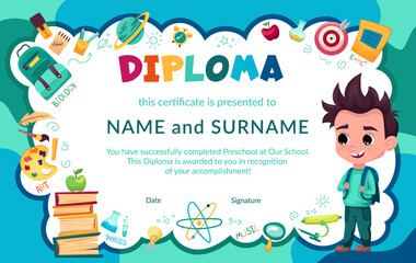 Colorful school and preschool diploma certificate for kids and children in kindergarten or primary grades with school pack, kit. Vector cartoon flat illustration - obrazy, fototapety, plakaty