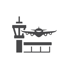 Airport terminal tower and airplane icon. Black vector airplane symbol.