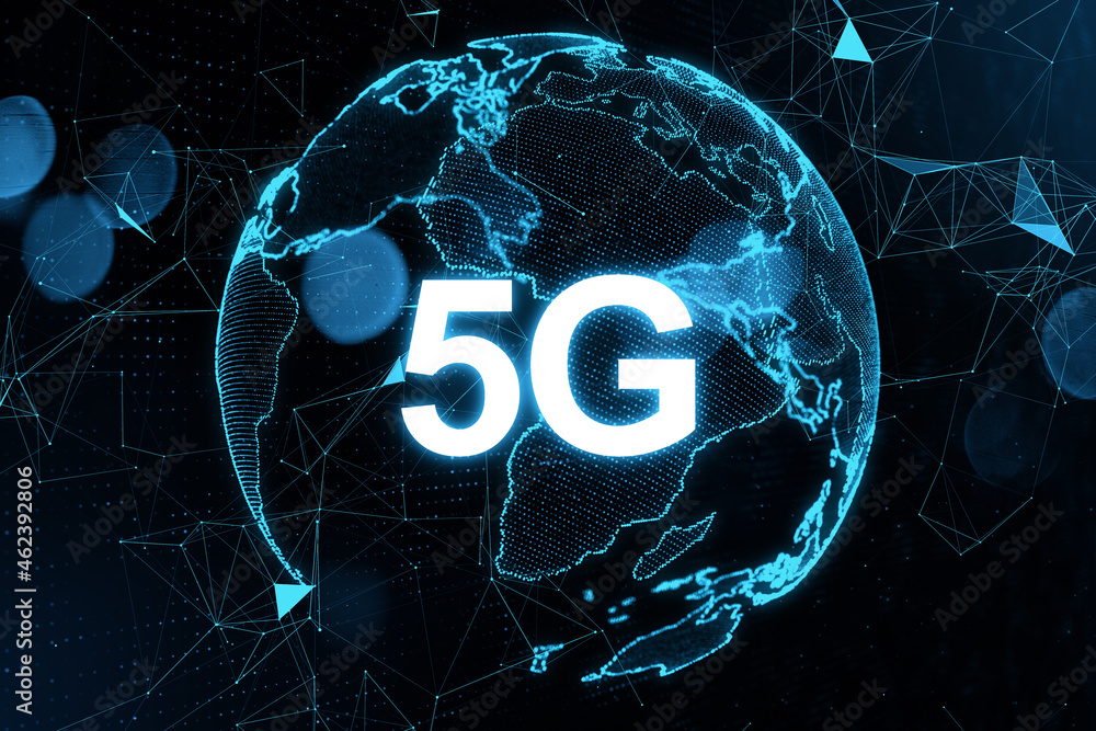 Poster Globe with 5G hologram on dark background. Technology, data and future concept. 3D Rendering.