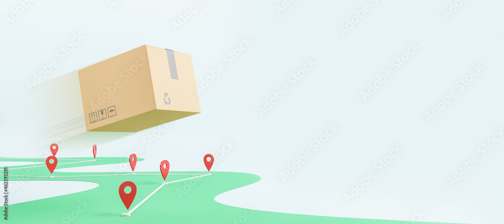Poster abstract flying cardboard box above road with location pins on wide white background with mockup pla