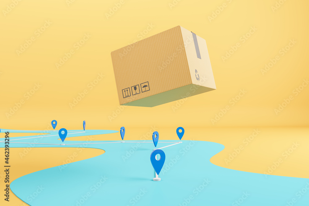 Poster Abstract flying cardboard box above road with location pins on yellow background. Express delivery concept. 3D Rendering.