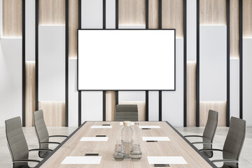Modern meeting room interior with empty mock up poster on wall, table and chairs. Workplace, presentation, negotiation and design concept. 3D Rendering.