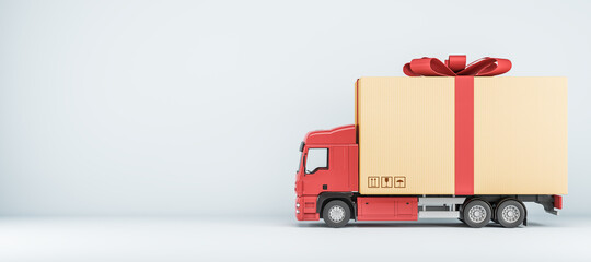Truck delivering present on white background with mock up place for your advertisement. Shipping...