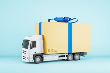 Truck delivering present on blue background. Shipping service and celebration concept. 3D Rendering.