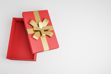 Top view of open red present box on white background with mock up place. Birthday, wedding, anniversary and christmas celebration. 3D Rendering.