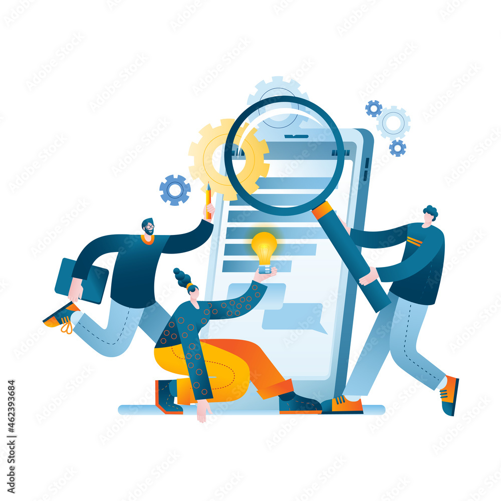 Aufkleber a team of developers creates a mobile app. the concept of a vector illustration in a flat style on t