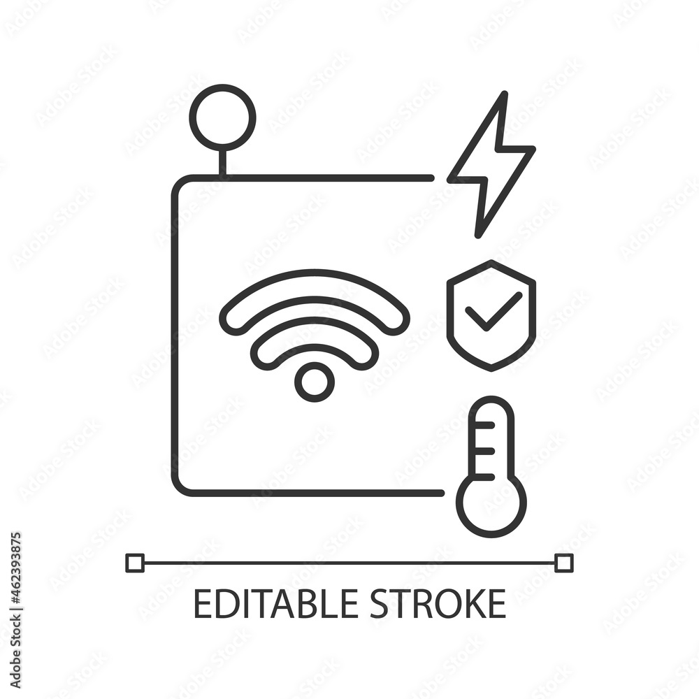 Poster IoT sensors linear icon. Information transmission over wireless network. Smart security system. Thin line customizable illustration. Contour symbol. Vector isolated outline drawing. Editable stroke