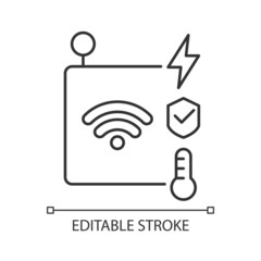 IoT sensors linear icon. Information transmission over wireless network. Smart security system. Thin line customizable illustration. Contour symbol. Vector isolated outline drawing. Editable stroke