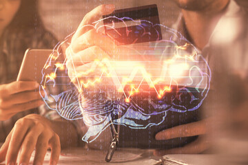 Double exposure of man and woman on-line shopping holding a credit card and brain hologram drawing. Ai and E-commerce pay on-line concept.