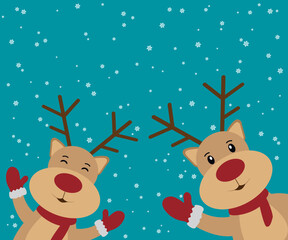 Reindeer red-nosed cute cartoon with greeting banner snowy winter background. Christmas card. Vector illustration.