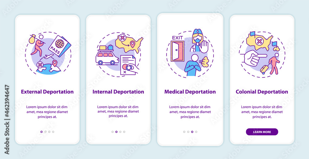 Poster deportation types onboarding mobile app page screen. immigration problems walkthrough 4 steps graphi