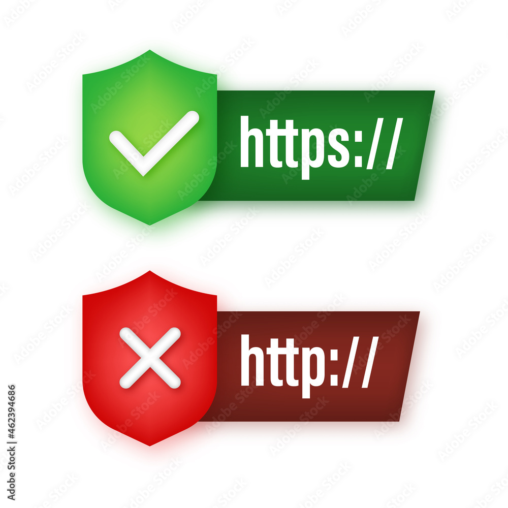 Poster neon style http and https protocols on shield, on dark background. vector stock illustration