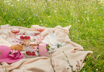 Picnic blanket with wine glasses, rose wine, candles, sun hat, fresh berries and baguette on green...
