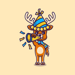 cute deer celebrates the new year by blowing the trumpet