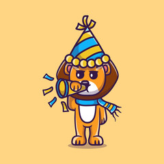 cute lion celebrates the new year by blowing the trumpet
