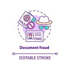 Document fraud concept icon. False documents. Illegal papers. Fake visa and border pass. Deportation abstract idea thin line illustration. Vector isolated outline color drawing. Editable stroke - obrazy, fototapety, plakaty