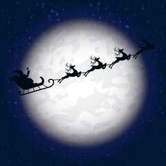 Santa is flying through the night sky under the Christmas forest. Santa sleigh driving over  a line drawing woods near the big moon in the night. Eps 10.
