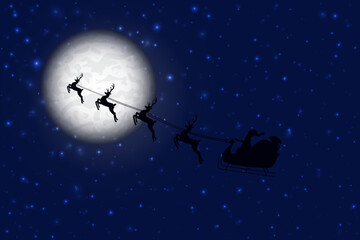 Santa is flying through the night sky under the Christmas forest. Santa sleigh driving over  a line drawing woods near the big moon in the night. Eps 10.