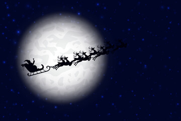Obraz na płótnie Canvas Santa is flying through the night sky under the Christmas forest. Santa sleigh driving over a line drawing woods near the big moon in the night. Eps 10.