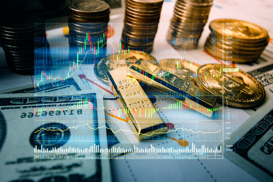 Bitcoin cryptocurrency coin with a gold bullion bar. Investment concept