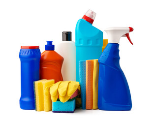 Cleaning supplies bottles isolated on white background