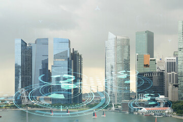 Glowing hologram of technological process, aerial panoramic cityscape of Singapore at sunset. The...