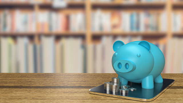 blue piggy bank and coins on tablet for  property business concept 3d rendering