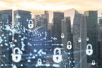 Hologram of padlock on sunset panoramic cityscape of Singapore, Asia. The concept of cyber security intelligence. Multi exposure.