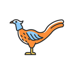 Male pheasant RGB color icon. Commercial poultry farming for food. Ringneck cock. Domestic bird raising. Long feathered tail. Isolated vector illustration. Simple filled line drawing