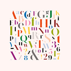 Stylish elegant font, english alphabet. uppercase, lowercase letters and numbers color mix