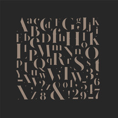 Fototapeta na wymiar Stylish elegant font, english alphabet. uppercase, lowercase letters and numbers brown mix