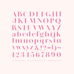 Stylish elegant font, english alphabet. uppercase, lowercase letters and numbers pink