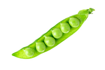 Fresh open pod of green peas with water drops on a white background. Sweet legumes isolated....