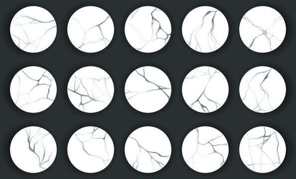 White circles with silver platinum kintsugi vector patterns. Japanese art of repairing broken pottery. Broken line cracks patterns set for banners. Silver metallic kintsugi restoration backgrounds