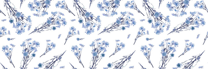 Watercolor hand painted seamless pattern with branch with blue flowers, leaves for print, textile