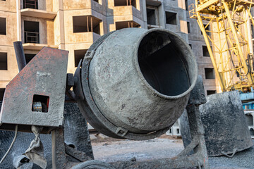 Industrial concrete mixer at a construction site. Preparation of concrete and mortar.
