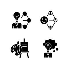 Creative and professional talents black glyph icons set on white space. Networking talent. Leadership and influence aptitude. Artistic talent. Silhouette symbols. Vector isolated illustration