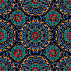 Abstract seamless mandala background. Texture in red and blue colors. Oriental pattern for design, fashion print, scrapbooking