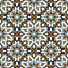 Abstract seamless backdrop. Design for prints, textile, decor, fabric. Round colorful texture in blue, brown and white colors. Mandala background