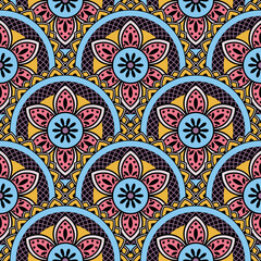 Abstract seamless backdrop. Round colorful texture in violet, blue and yellow colors. Mandala background. Oriental pattern for design