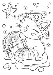 Coloring page with cat and mushroom, hand-drawn vector illustration.